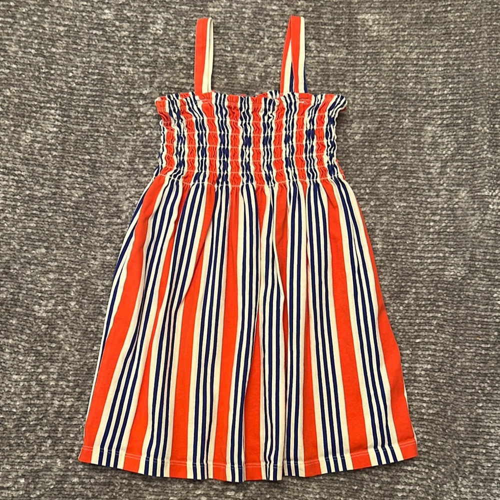 NWOT  Hanna Andersson red/Orange, Blue, & White stripe smocked top dress size 5